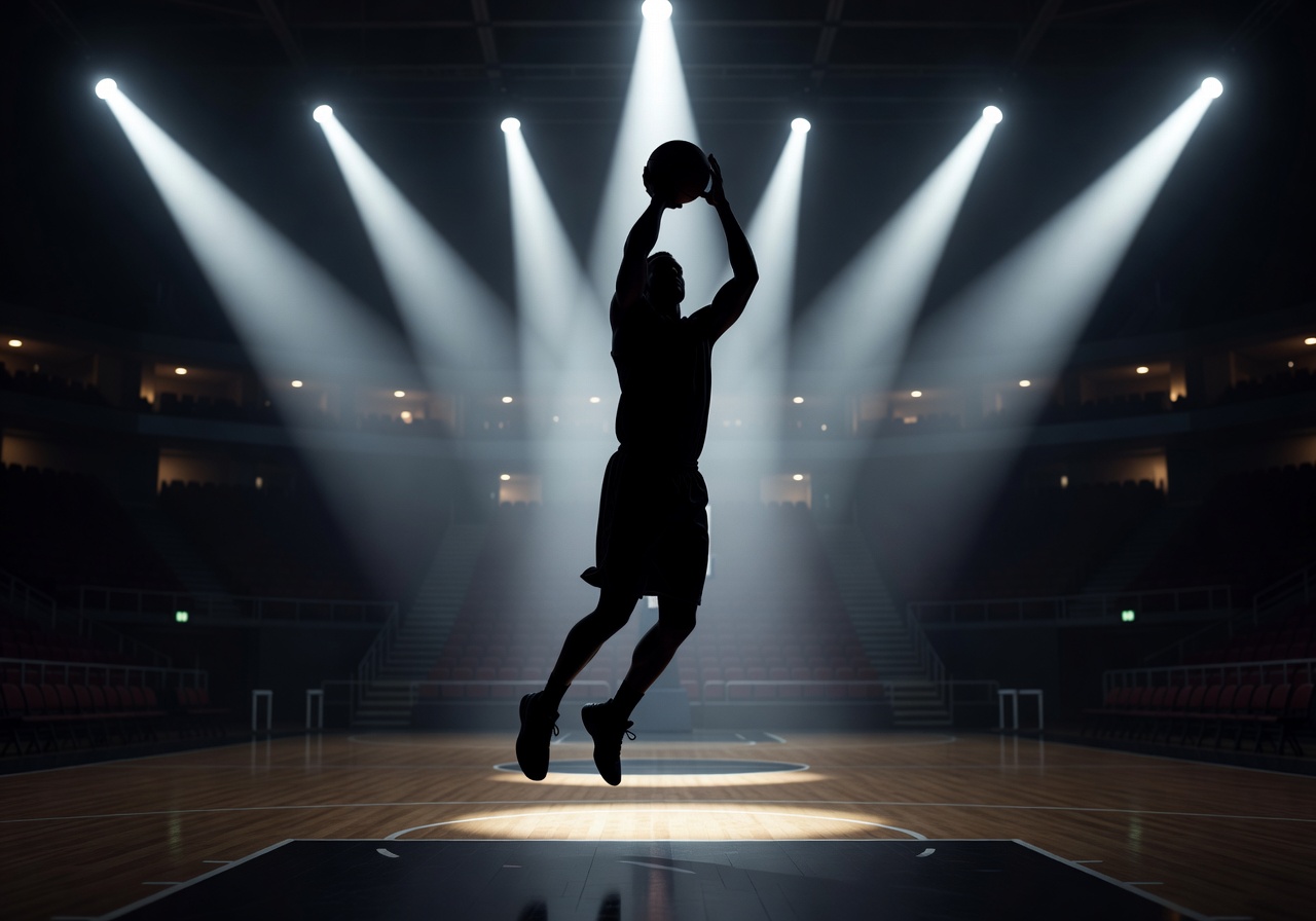 Basketball player silhouette under arena spotlights