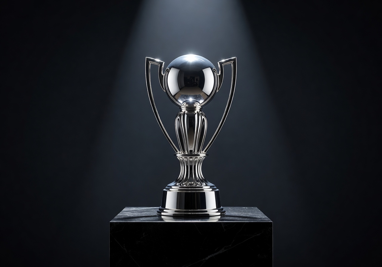Champions trophy gleaming in spotlight
