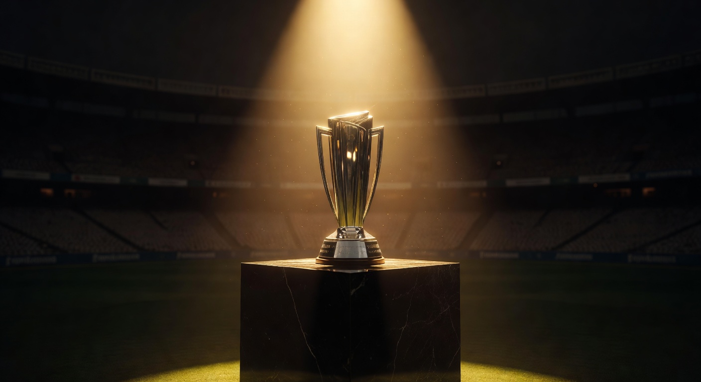 Champions trophy glowing in golden spotlight