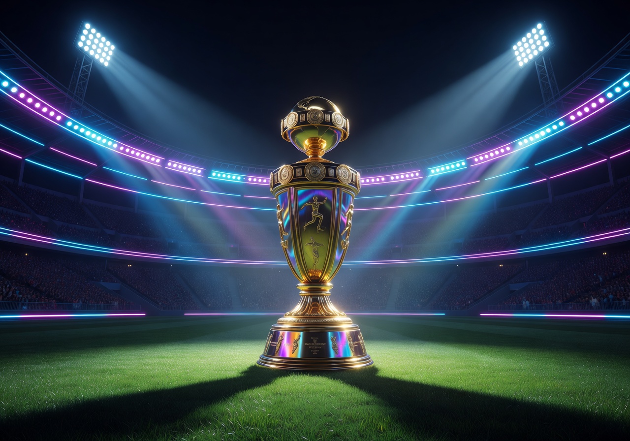 Championship gold trophy under neon stadium spotlights