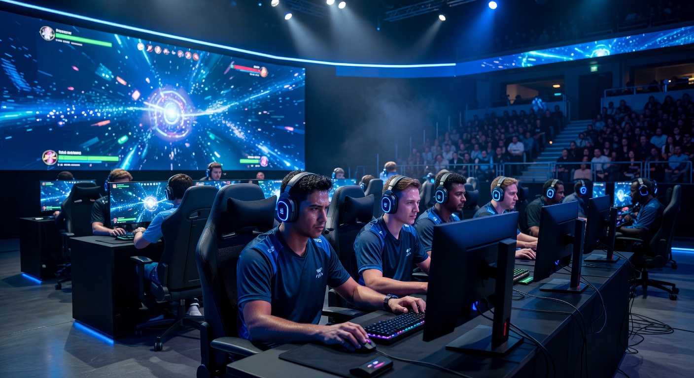 Esports arena with players competing under blue lights