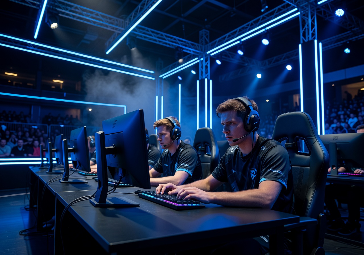Esports arena with players competing under blue neon lighting
