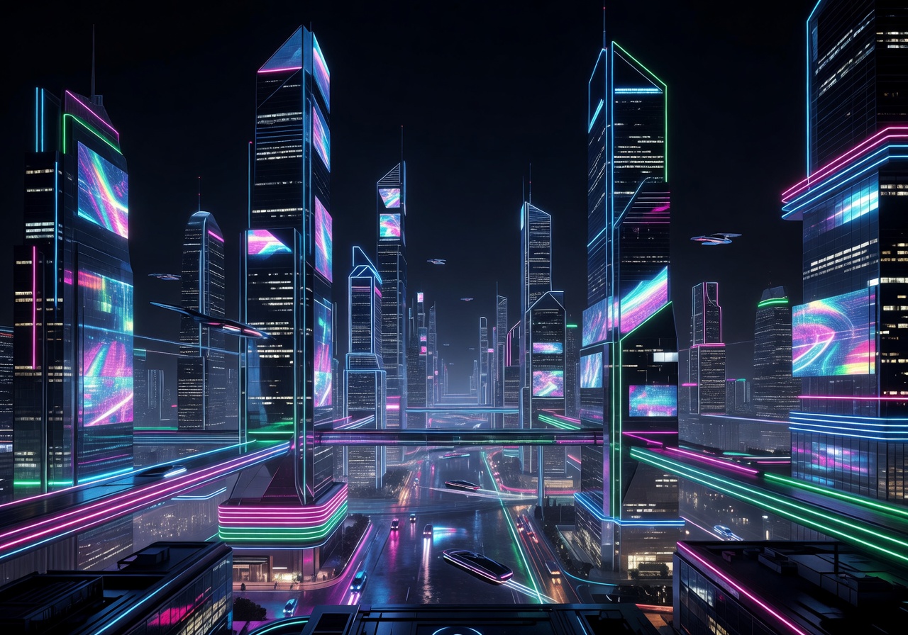 Futuristic city skyline with neon lights at night