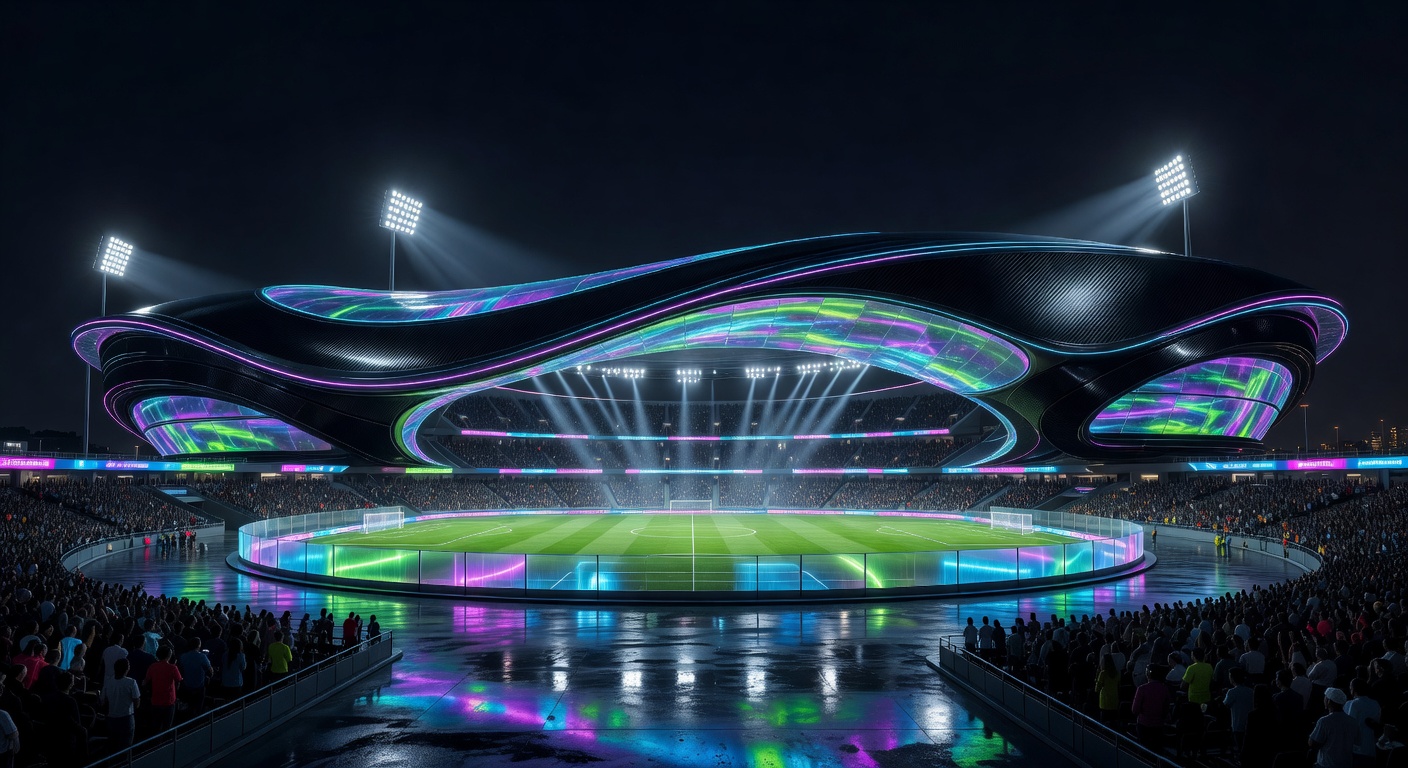 Futuristic illuminated sports stadium at night with neon lights