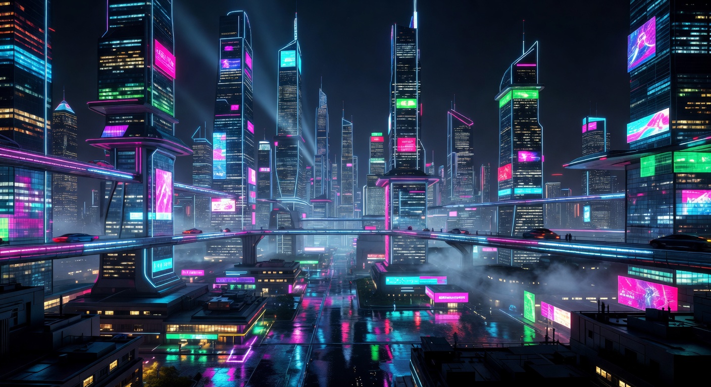 Futuristic neon city skyline at night