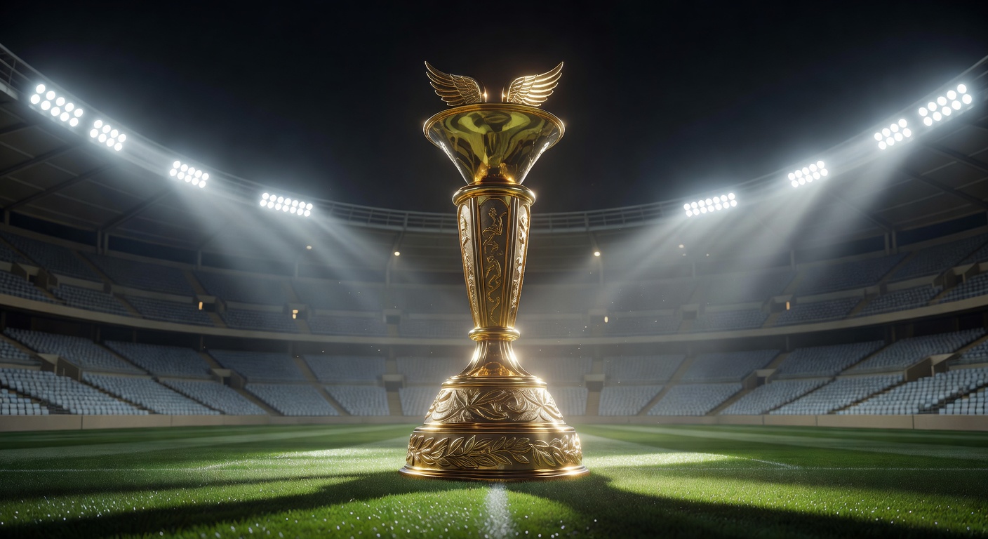 Golden championship trophy under stadium spotlights