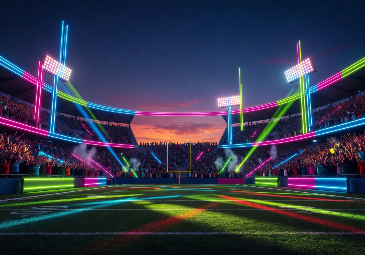 Neon lit football stadium at dusk with electric atmosphere