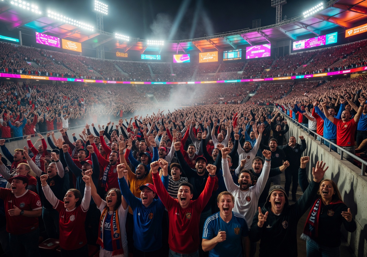 Roaring stadium crowd lit by floodlights and neon scoreboards